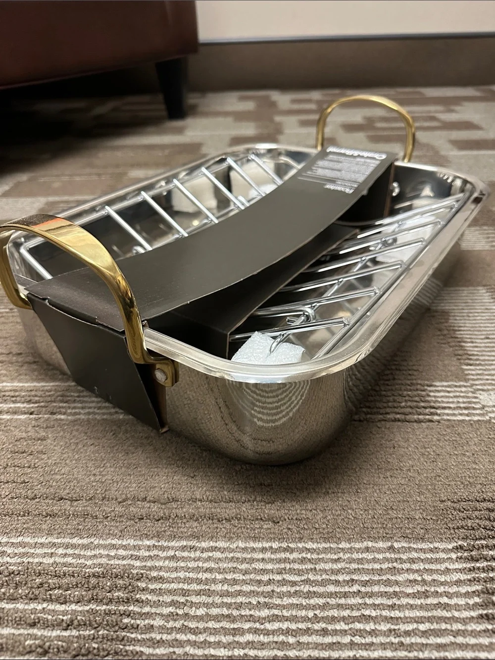 Crate&Barrel Stainless Steel Roaster with Gold Handles